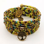 Earth Tone Tree of Life Memory Wire Wrap Bracelet – 7-Layer Beaded Bracelet with Gold-Tone Charms