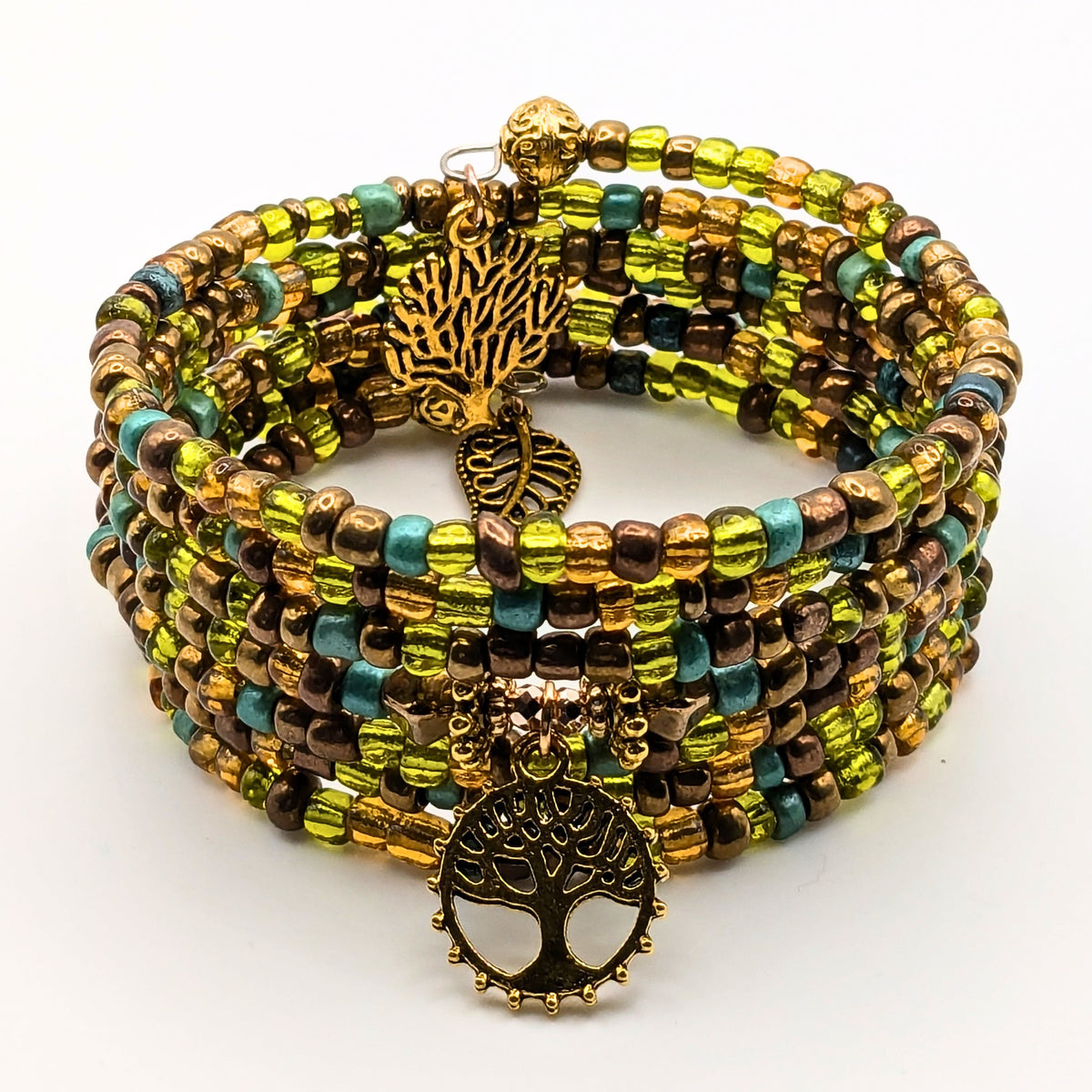 Earth Tone Tree of Life Memory Wire Wrap Bracelet – 7-Layer Beaded Bracelet with Gold-Tone Charms