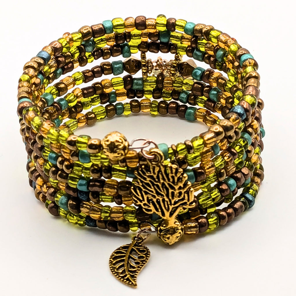 Earth Tone Tree of Life Memory Wire Wrap Bracelet – 7-Layer Beaded Bracelet with Gold-Tone Charms