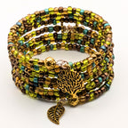 Earth Tone Tree of Life Memory Wire Wrap Bracelet – 7-Layer Beaded Bracelet with Gold-Tone Charms