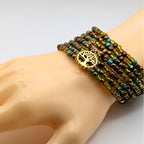 Earth Tone Tree of Life Memory Wire Wrap Bracelet – 7-Layer Beaded Bracelet with Gold-Tone Charms