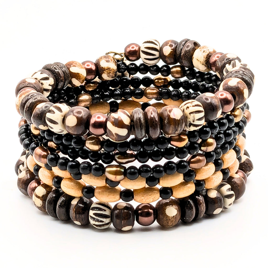 Tribal-Inspired Black and Tan 7-Layer Memory Wire Wrap Bracelet