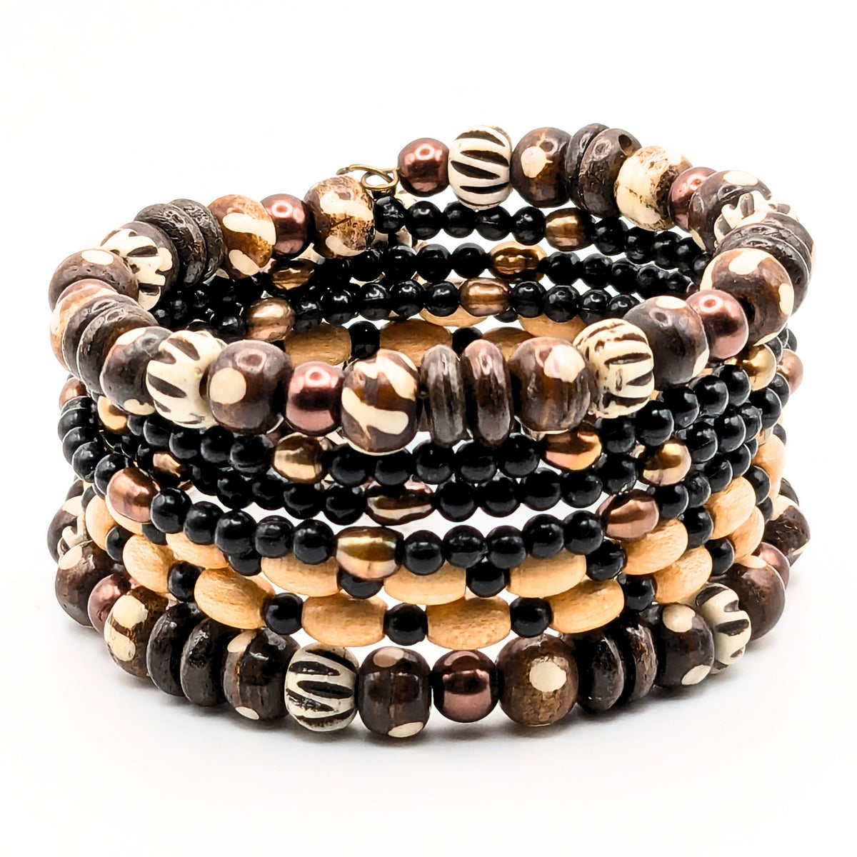 Tribal-Inspired Black and Tan 7-Layer Memory Wire Wrap Bracelet