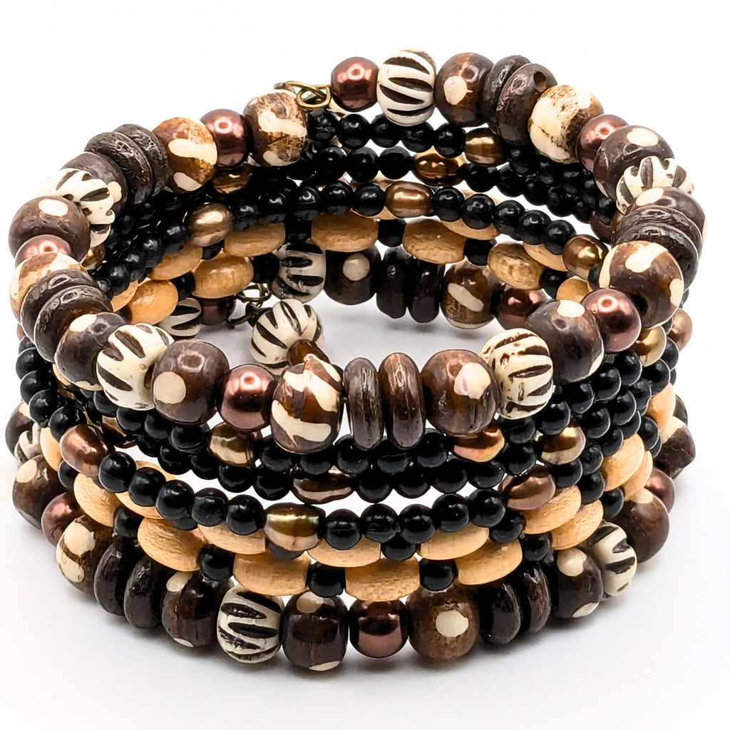 Tribal-Inspired Black and Tan 7-Layer Memory Wire Wrap Bracelet