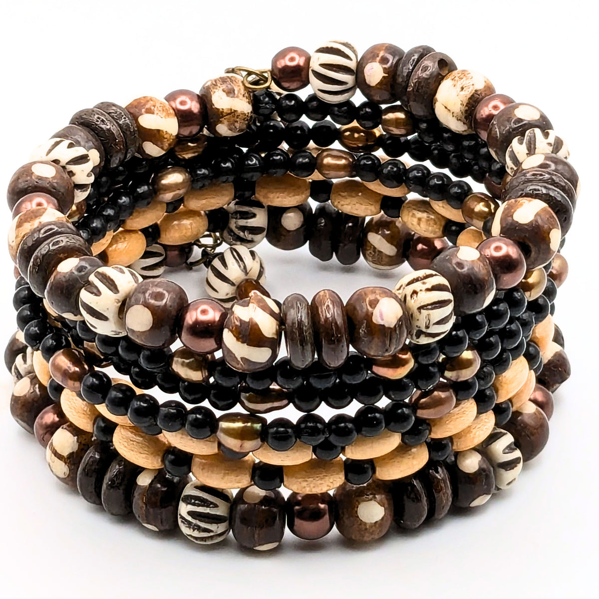 Tribal-Inspired Black and Tan 7-Layer Memory Wire Wrap Bracelet