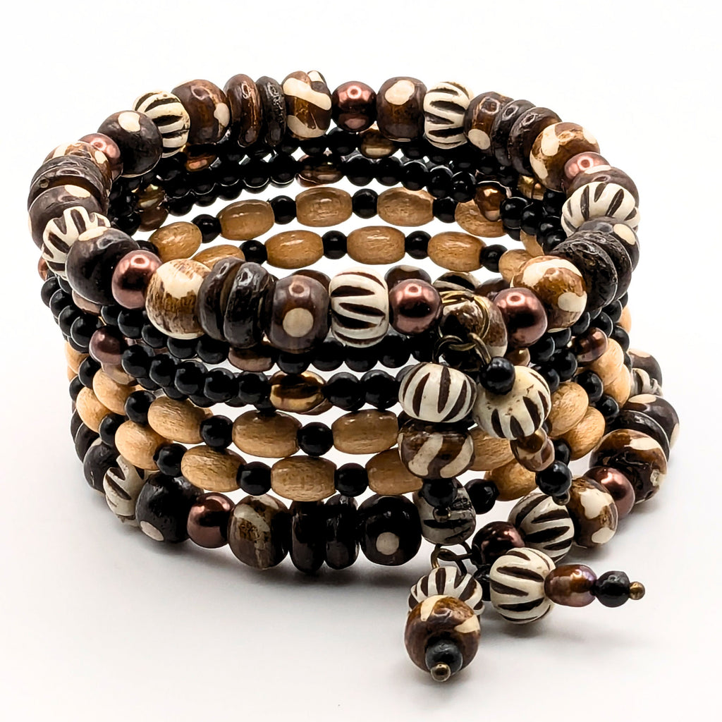 Tribal-Inspired Black and Tan 7-Layer Memory Wire Wrap Bracelet