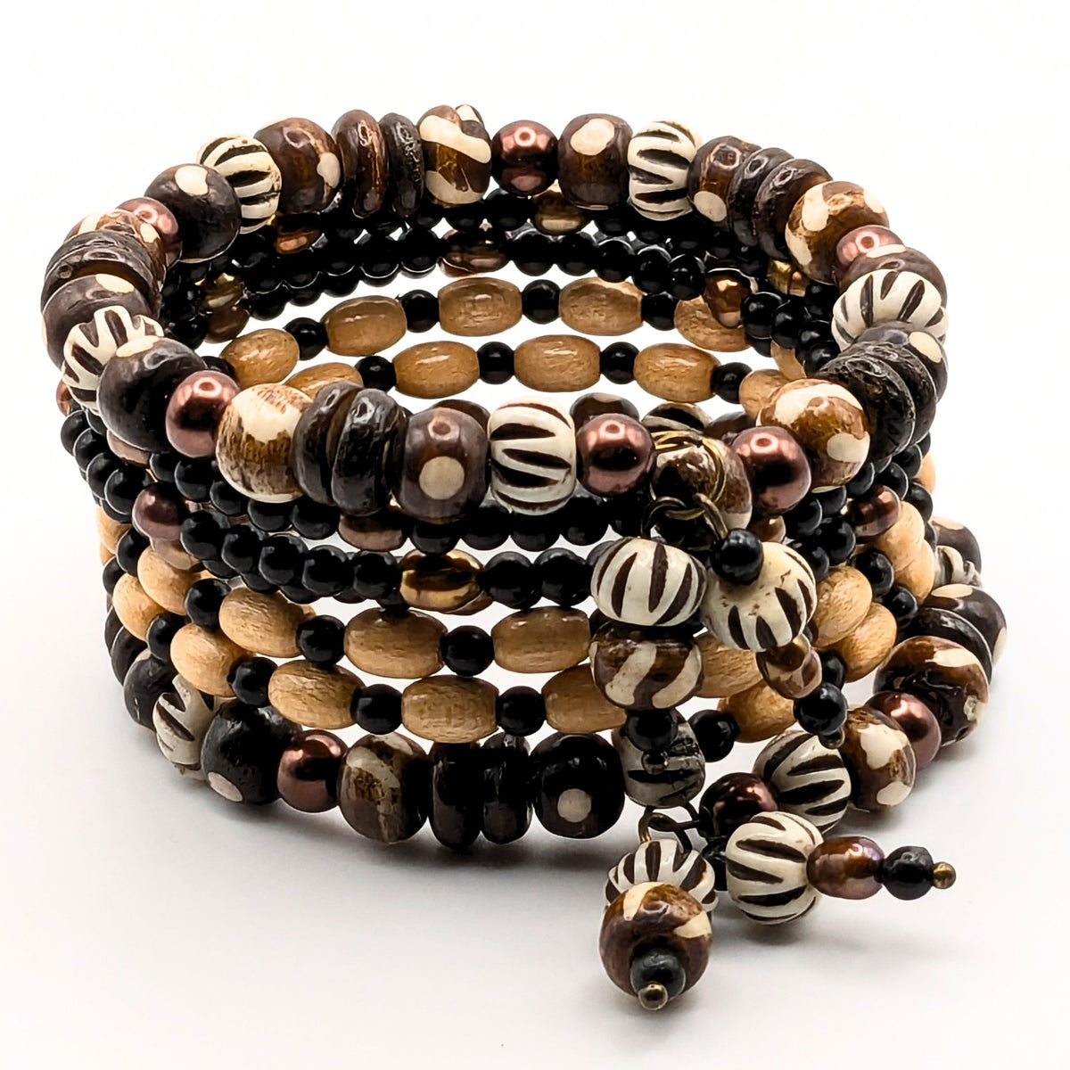 Tribal-Inspired Black and Tan 7-Layer Memory Wire Wrap Bracelet