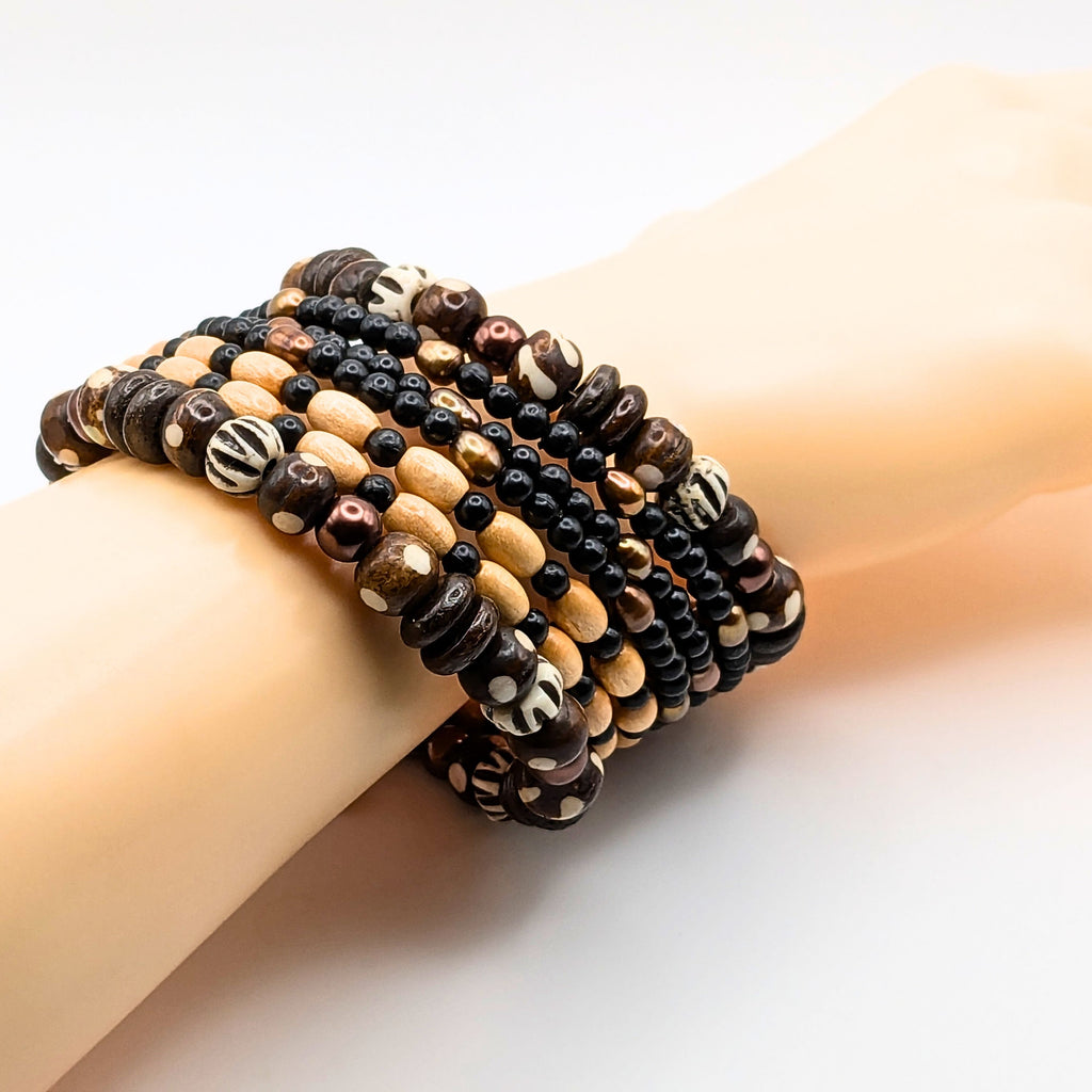 Tribal-Inspired Black and Tan 7-Layer Memory Wire Wrap Bracelet