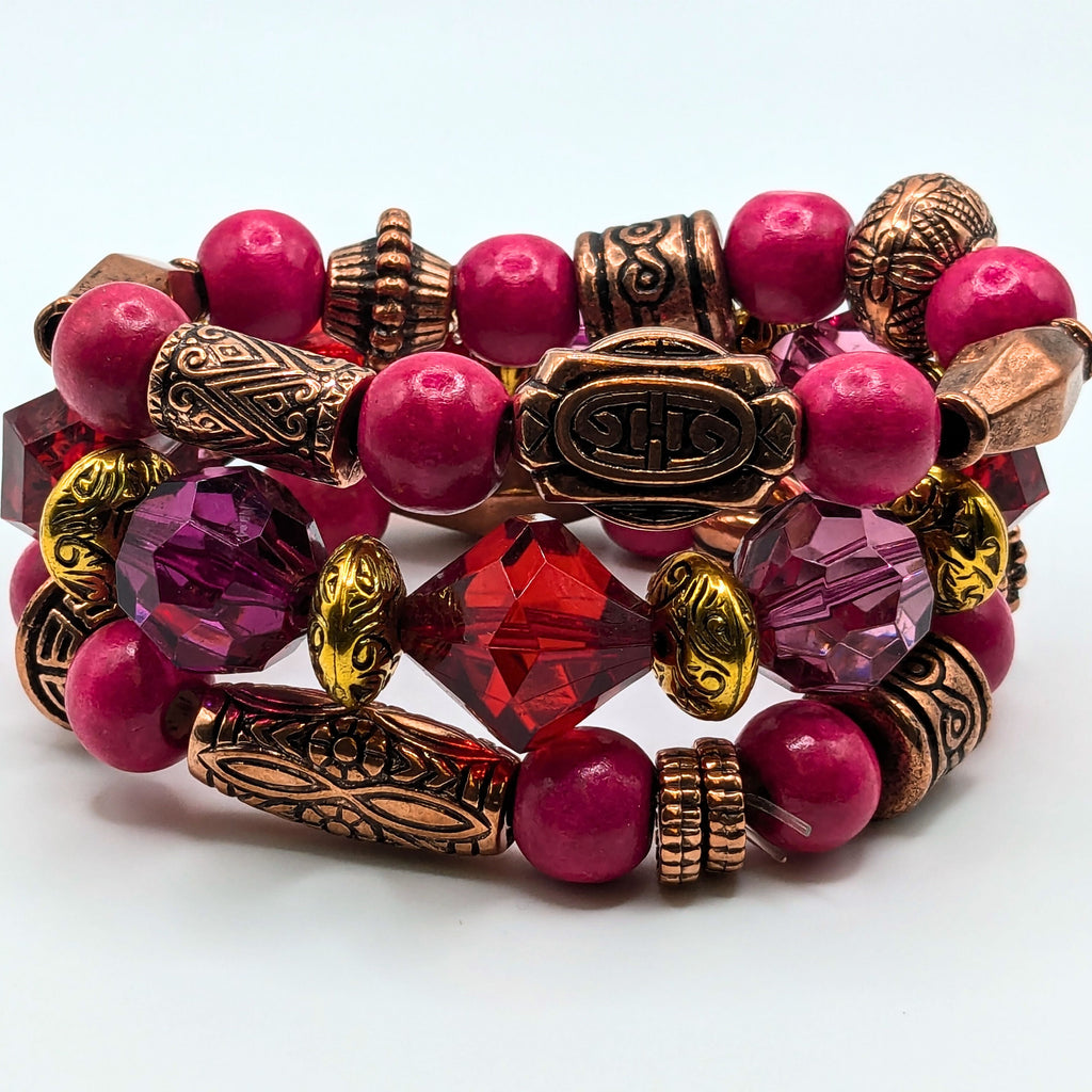Hot Pink Beaded Bracelets for Women Jewelry Boho Beaded 3 Stacked Set image 2