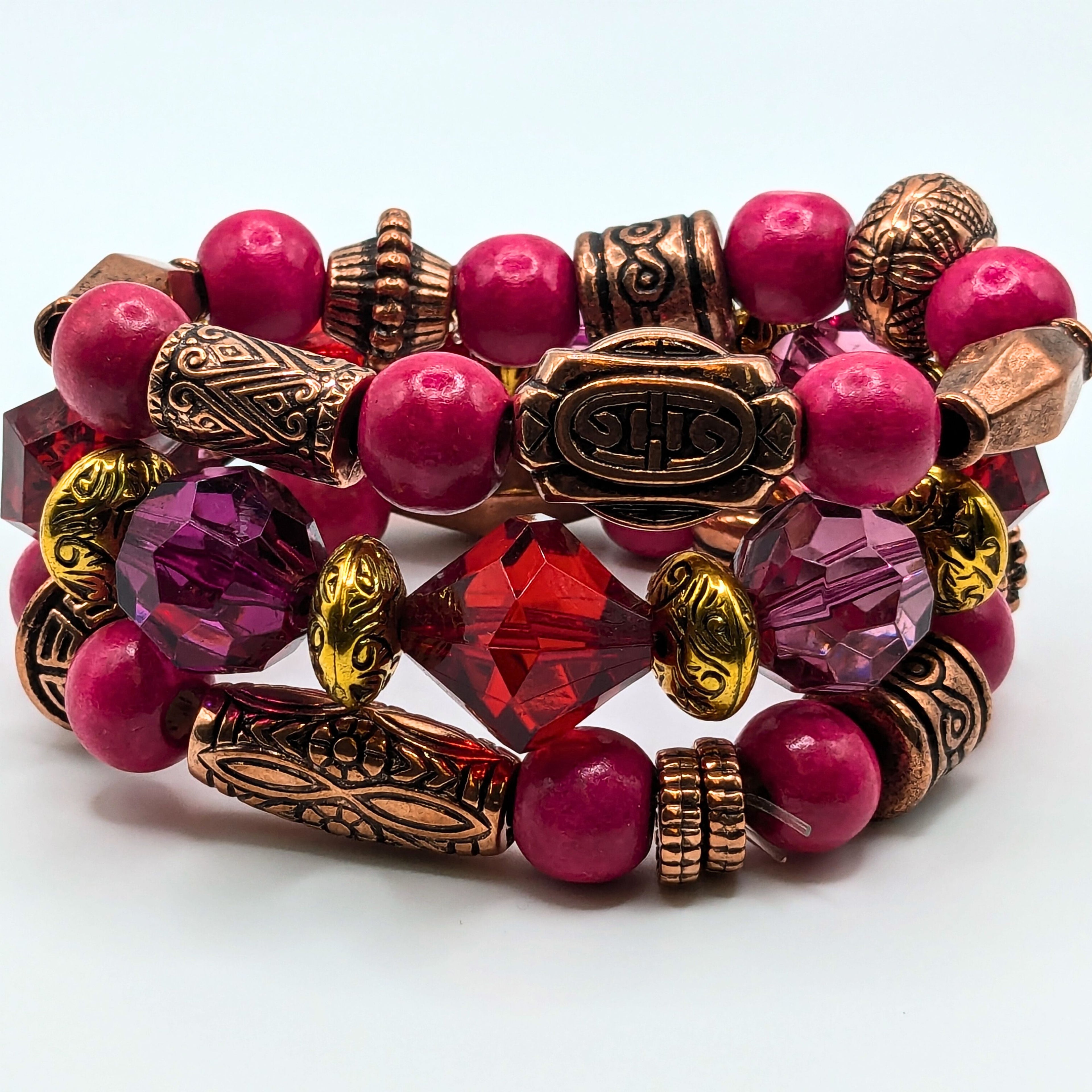Hot Pink Beaded Bracelets for Women Jewelry Boho Beaded 3 Stacked Set image 2