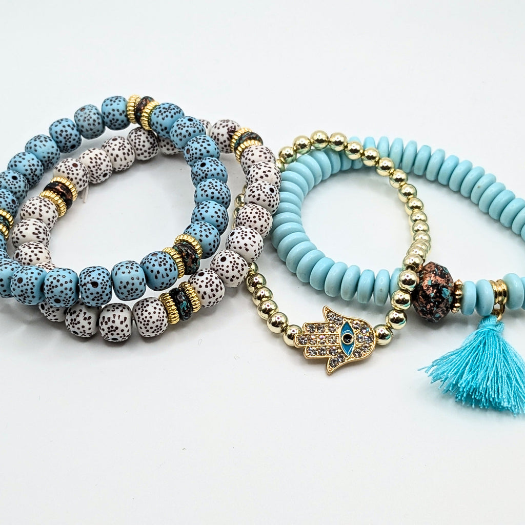 Baby Blue Beaded Bracelets for Women Jewelry Boho Beaded 4 Stacked Set image 3