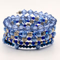 Blue Beaded Wrap Bracelet, 5 Layer Memory Wire Cuff, Mixed Blue Shades with Silver Tone Beads, Layered Stack Bracelet Jewelry