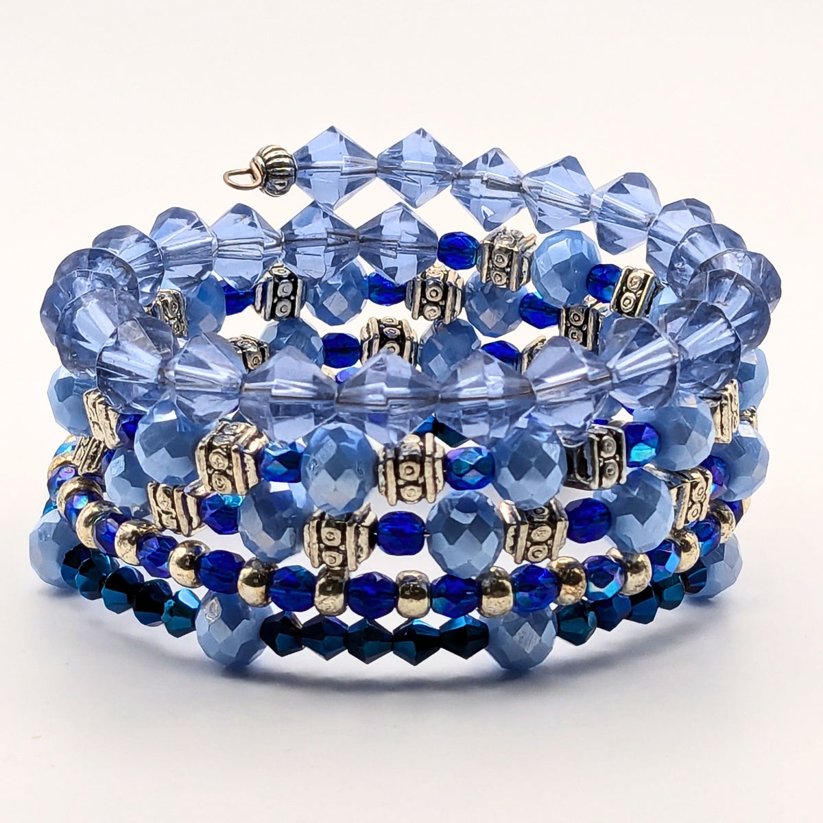 Blue Beaded Wrap Bracelet, 5 Layer Memory Wire Cuff, Mixed Blue Shades with Silver Tone Beads, Layered Stack Bracelet Jewelry