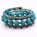 Light Blue Beaded Wrap Bracelet, 5 Layer Memory Wire Jewelry, Melon Glass Beads and Brass Tone Seed Beads, Boho Cuff Bracelet