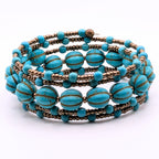 Light Blue Beaded Wrap Bracelet, 5 Layer Memory Wire Jewelry, Melon Glass Beads and Brass Tone Seed Beads, Boho Cuff Bracelet
