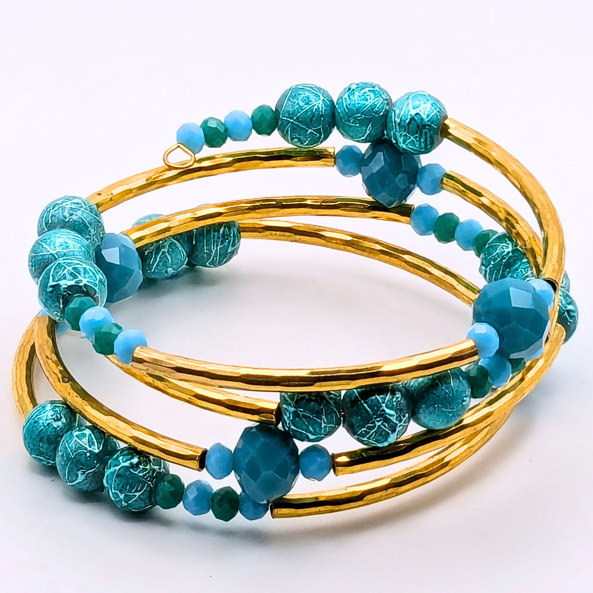 Light Blue and Gold Wrap Bracelet, 4 Layer Memory Wire Cuff, Textured Blue Beads and Gold Tone Tube Beads, Elegant Beaded Jewelry