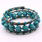 Light Blue Beaded Wrap Bracelet, 5 Layer Memory Wire Jewelry, Melon Glass Beads and Brass Tone Seed Beads, Boho Cuff Bracelet