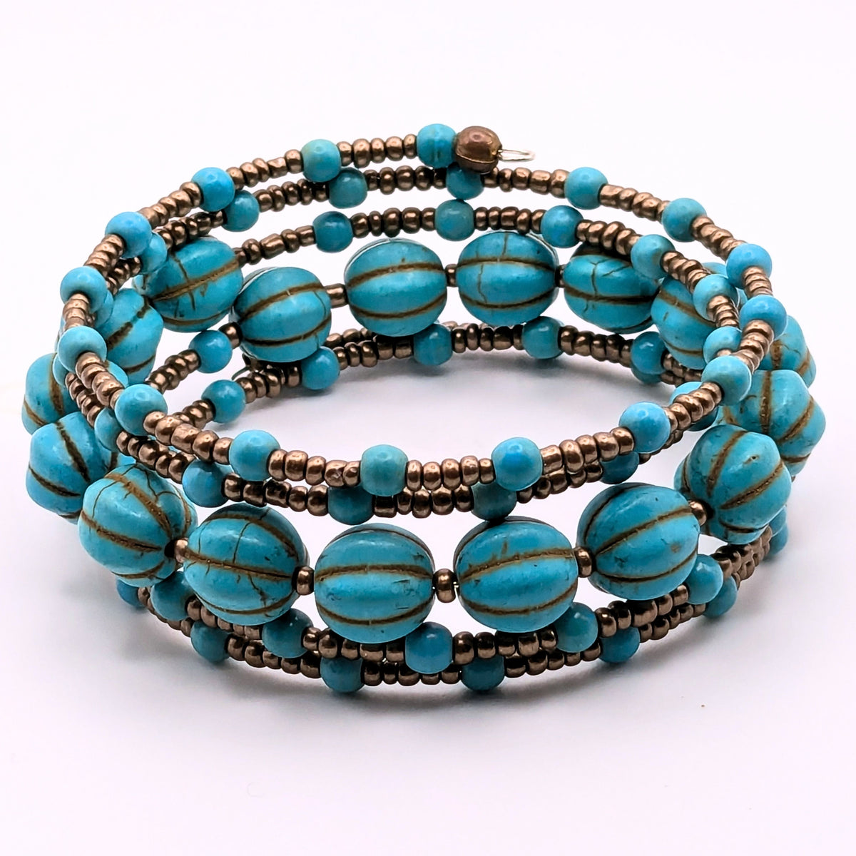 Light Blue Beaded Wrap Bracelet, 5 Layer Memory Wire Jewelry, Melon Glass Beads and Brass Tone Seed Beads, Boho Cuff Bracelet