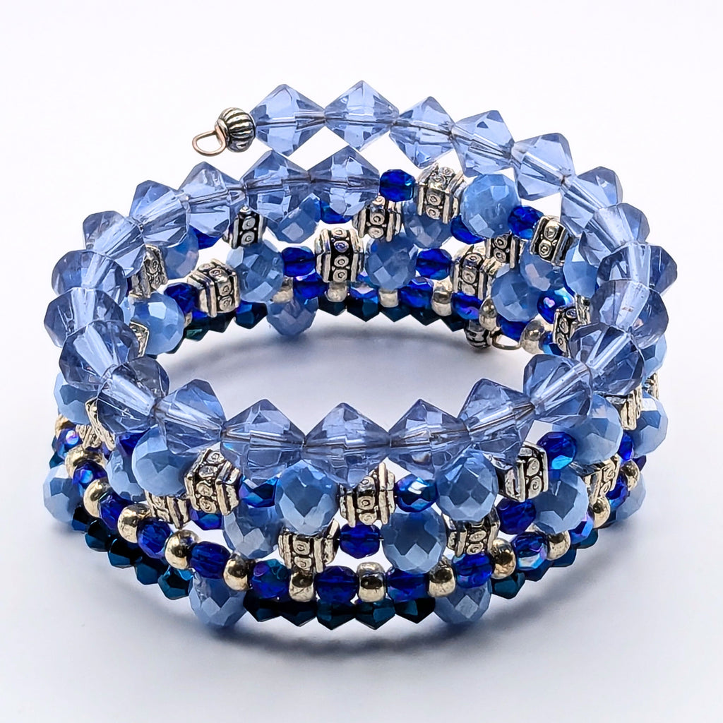 Blue Beaded Wrap Bracelet, 5 Layer Memory Wire Cuff, Mixed Blue Shades with Silver Tone Beads, Layered Stack Bracelet Jewelry