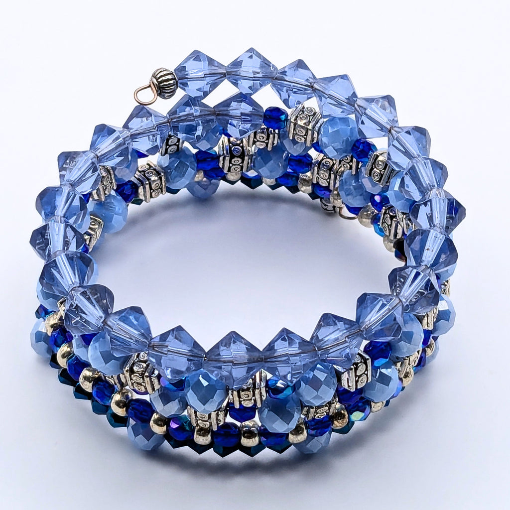 Blue Beaded Wrap Bracelet, 5 Layer Memory Wire Cuff, Mixed Blue Shades with Silver Tone Beads, Layered Stack Bracelet Jewelry