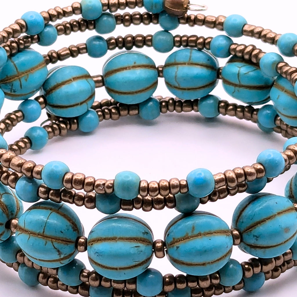 Light Blue Beaded Wrap Bracelet, 5 Layer Memory Wire Jewelry, Melon Glass Beads and Brass Tone Seed Beads, Boho Cuff Bracelet