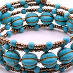 Light Blue Beaded Wrap Bracelet, 5 Layer Memory Wire Jewelry, Melon Glass Beads and Brass Tone Seed Beads, Boho Cuff Bracelet
