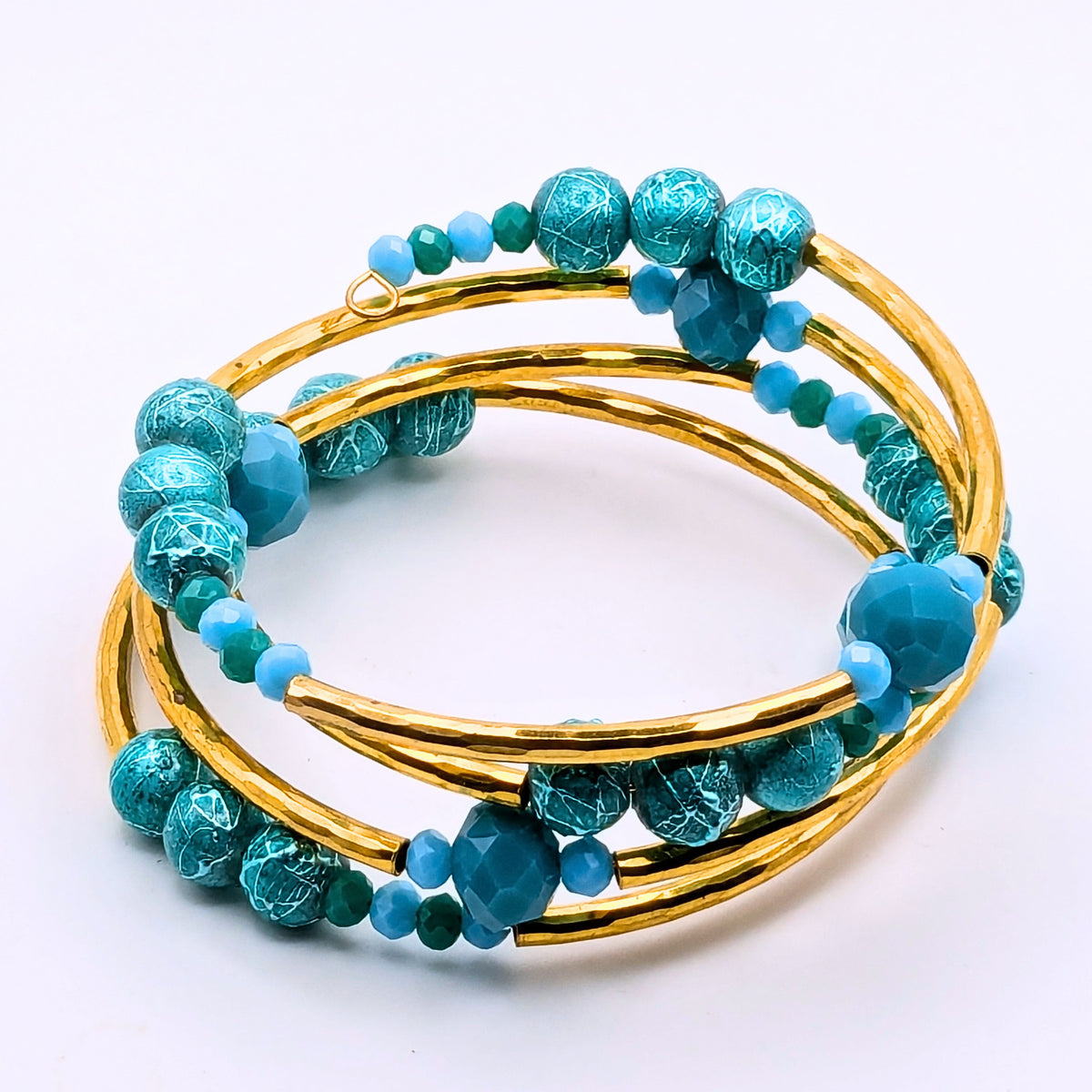 Light Blue and Gold Wrap Bracelet, 4 Layer Memory Wire Cuff, Textured Blue Beads and Gold Tone Tube Beads, Elegant Beaded Jewelry