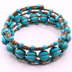 Light Blue Beaded Wrap Bracelet, 5 Layer Memory Wire Jewelry, Melon Glass Beads and Brass Tone Seed Beads, Boho Cuff Bracelet