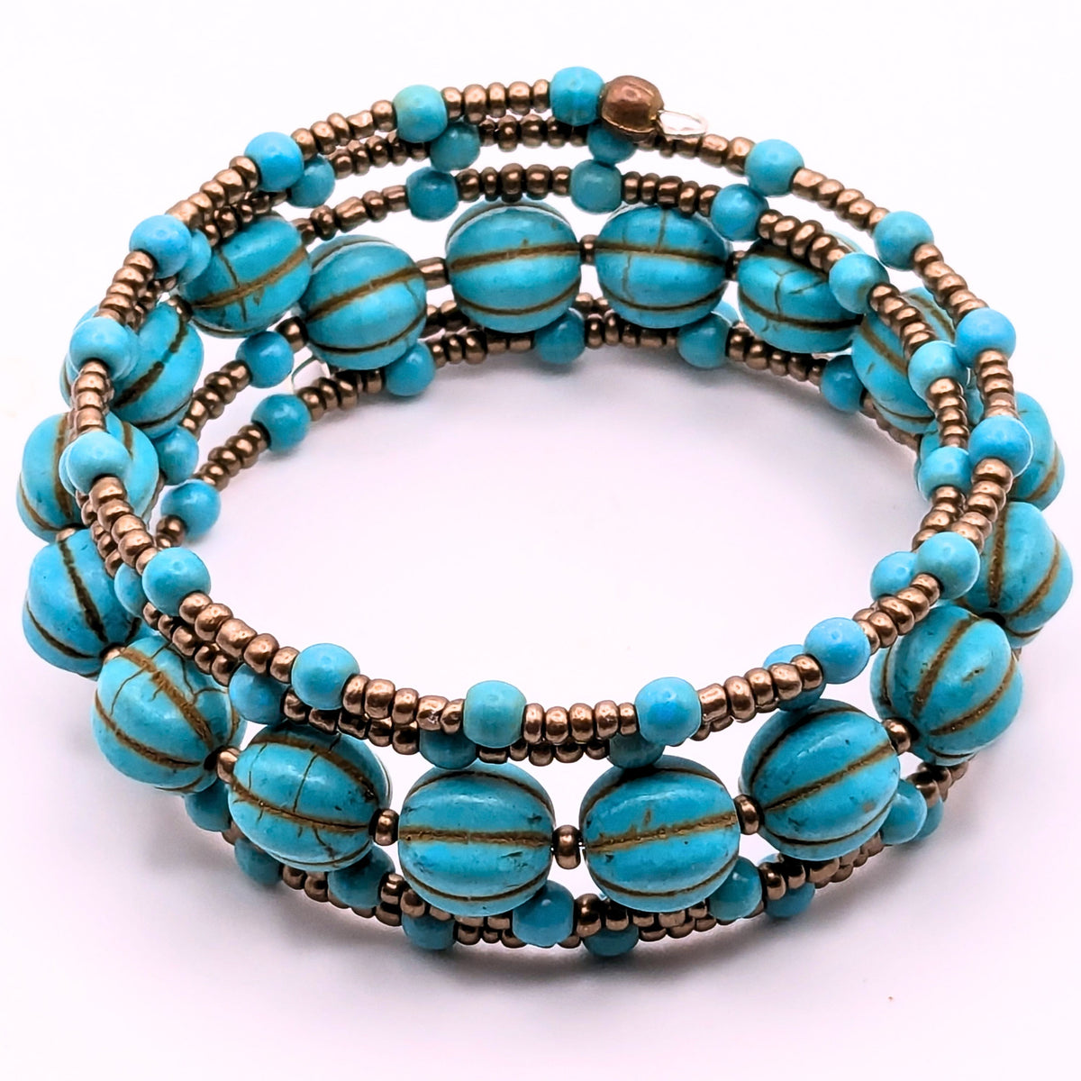 Light Blue Beaded Wrap Bracelet, 5 Layer Memory Wire Jewelry, Melon Glass Beads and Brass Tone Seed Beads, Boho Cuff Bracelet