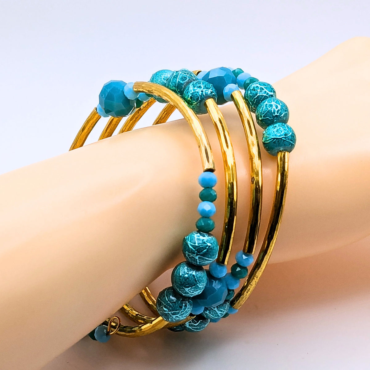 Light Blue and Gold Wrap Bracelet, 4 Layer Memory Wire Cuff, Textured Blue Beads and Gold Tone Tube Beads, Elegant Beaded Jewelry