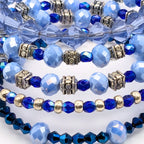 Blue Beaded Wrap Bracelet, 5 Layer Memory Wire Cuff, Mixed Blue Shades with Silver Tone Beads, Layered Stack Bracelet Jewelry
