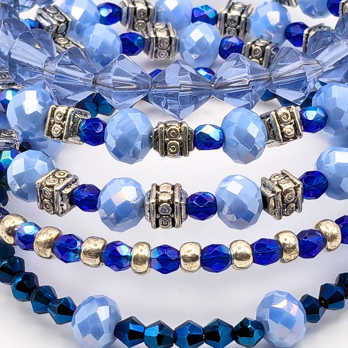 Blue Beaded Wrap Bracelet, 5 Layer Memory Wire Cuff, Mixed Blue Shades with Silver Tone Beads, Layered Stack Bracelet Jewelry