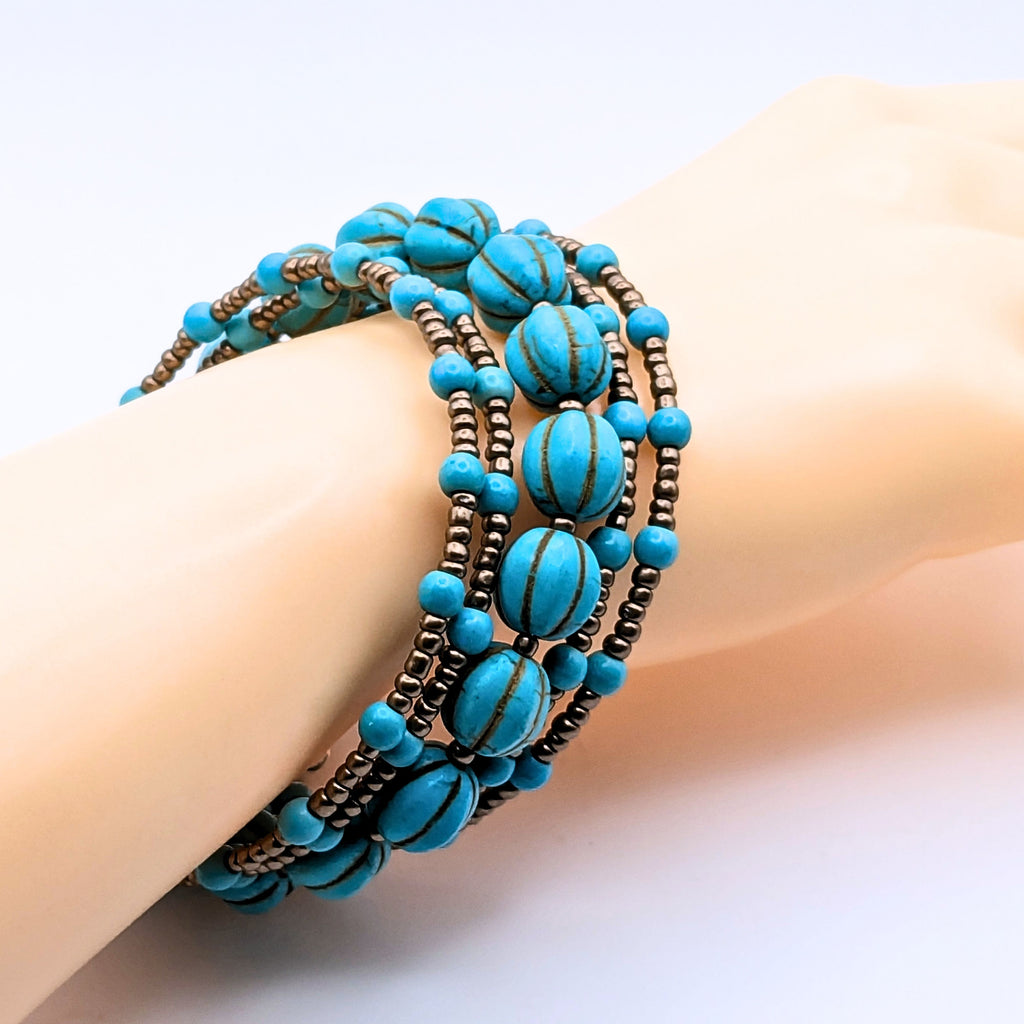 Light Blue Beaded Wrap Bracelet, 5 Layer Memory Wire Jewelry, Melon Glass Beads and Brass Tone Seed Beads, Boho Cuff Bracelet