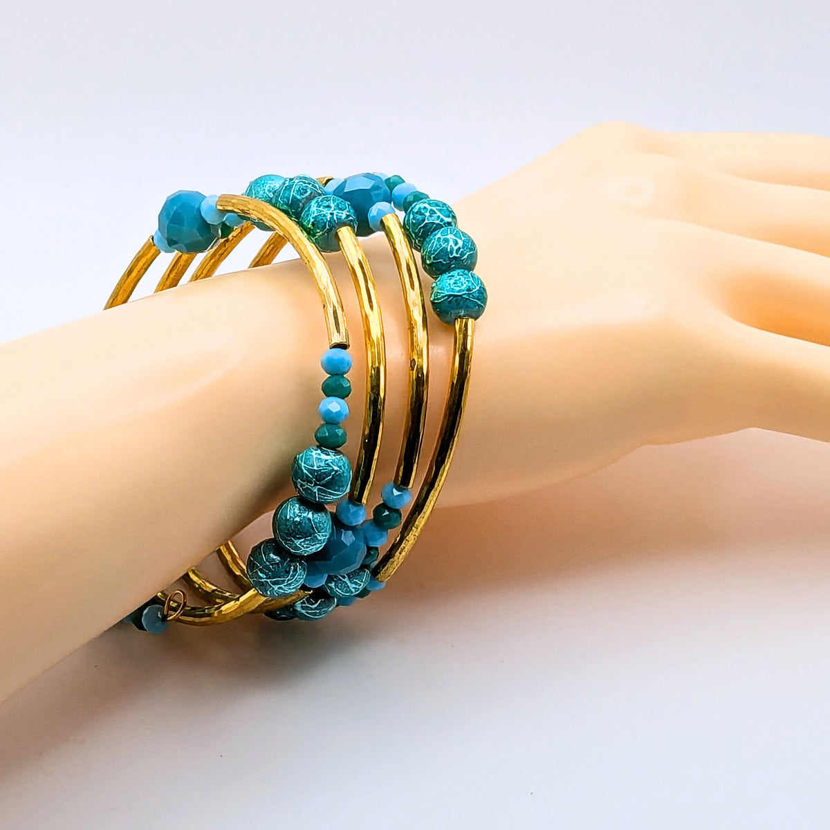 Light Blue and Gold Wrap Bracelet, 4 Layer Memory Wire Cuff, Textured Blue Beads and Gold Tone Tube Beads, Elegant Beaded Jewelry