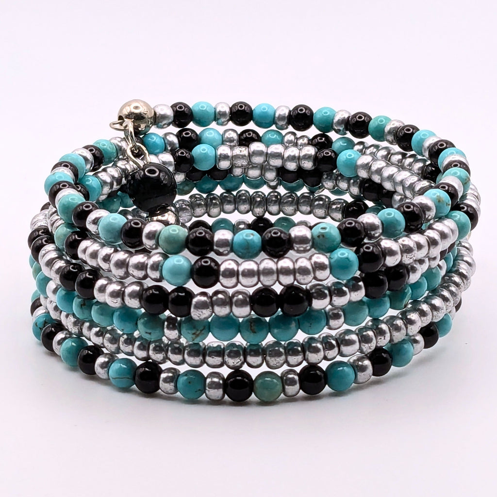 Blue Black and Silver 6-Layer Seed Bead Wrap Bracelet, Multi-Pattern Beaded Cuff Jewelry