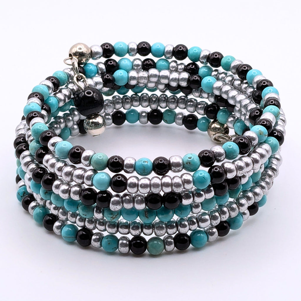 Blue Black and Silver 6-Layer Seed Bead Wrap Bracelet, Multi-Pattern Beaded Cuff Jewelry