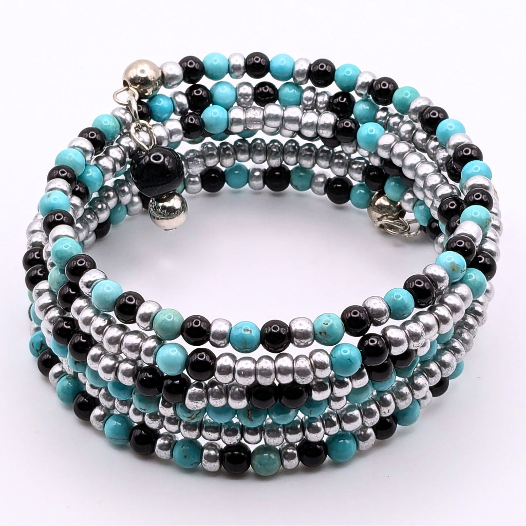 Blue Black and Silver 6-Layer Seed Bead Wrap Bracelet, Multi-Pattern Beaded Cuff Jewelry