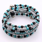 Blue Black and Silver 6-Layer Seed Bead Wrap Bracelet, Multi-Pattern Beaded Cuff Jewelry