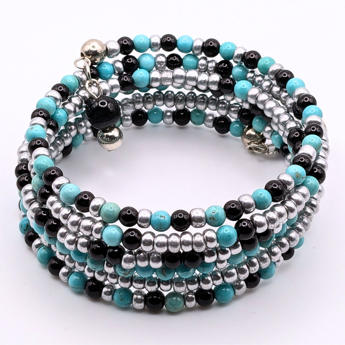 Blue Black and Silver 6-Layer Seed Bead Wrap Bracelet, Multi-Pattern Beaded Cuff Jewelry
