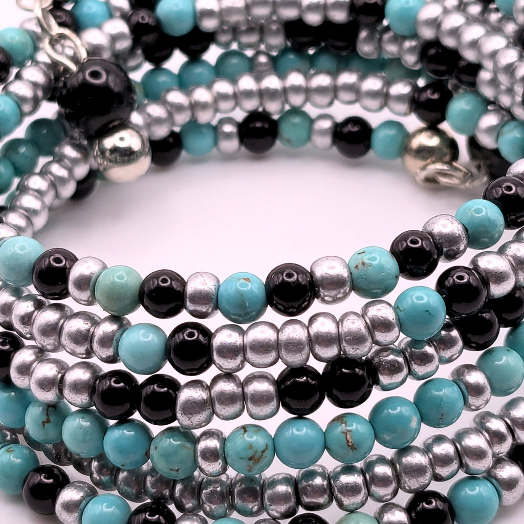 Blue Black and Silver 6-Layer Seed Bead Wrap Bracelet, Multi-Pattern Beaded Cuff Jewelry