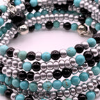 Blue Black and Silver 6-Layer Seed Bead Wrap Bracelet, Multi-Pattern Beaded Cuff Jewelry