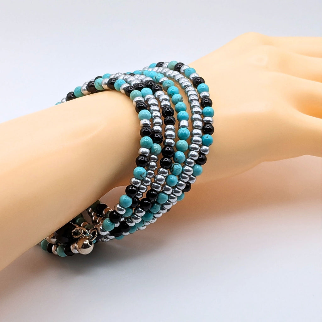 Blue Black and Silver 6-Layer Seed Bead Wrap Bracelet, Multi-Pattern Beaded Cuff Jewelry