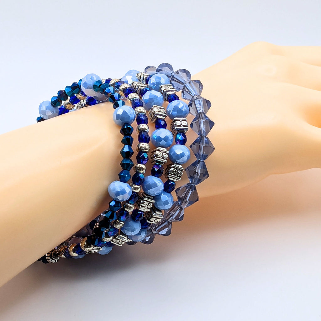 Blue Beaded Wrap Bracelet, 5 Layer Memory Wire Cuff, Mixed Blue Shades with Silver Tone Beads, Layered Stack Bracelet Jewelry