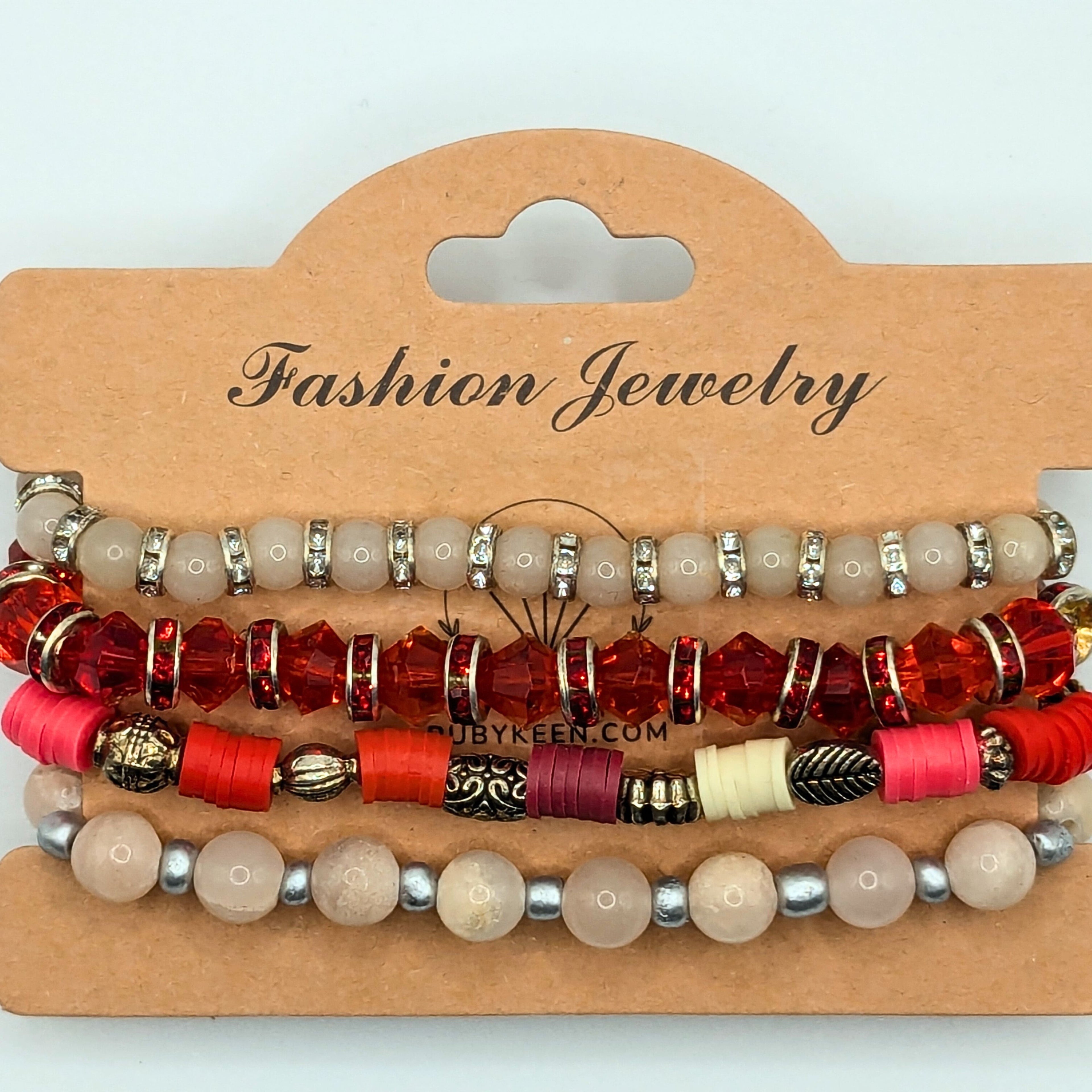 Red And Cream Beaded Bracelets for Women Jewelry Boho Beaded 4 Stacked Set image 4