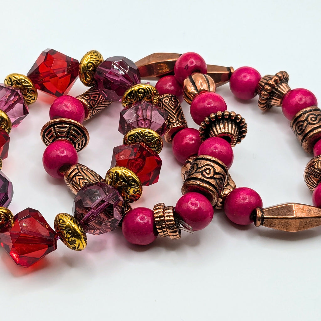 Hot Pink Beaded Bracelets for Women Jewelry Boho Beaded 3 Stacked Set image 3