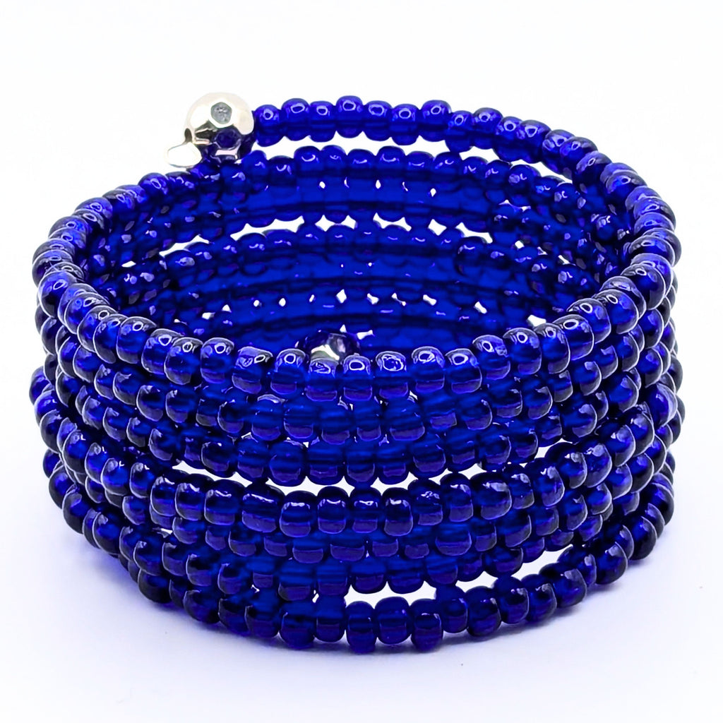 Cobalt Blue Seed Bead Bracelet, 7 Layer Memory Wire Wrap Cuff, Solid Blue Beaded Jewelry with Silver Accents, Bold Blue Statement Bracelet
