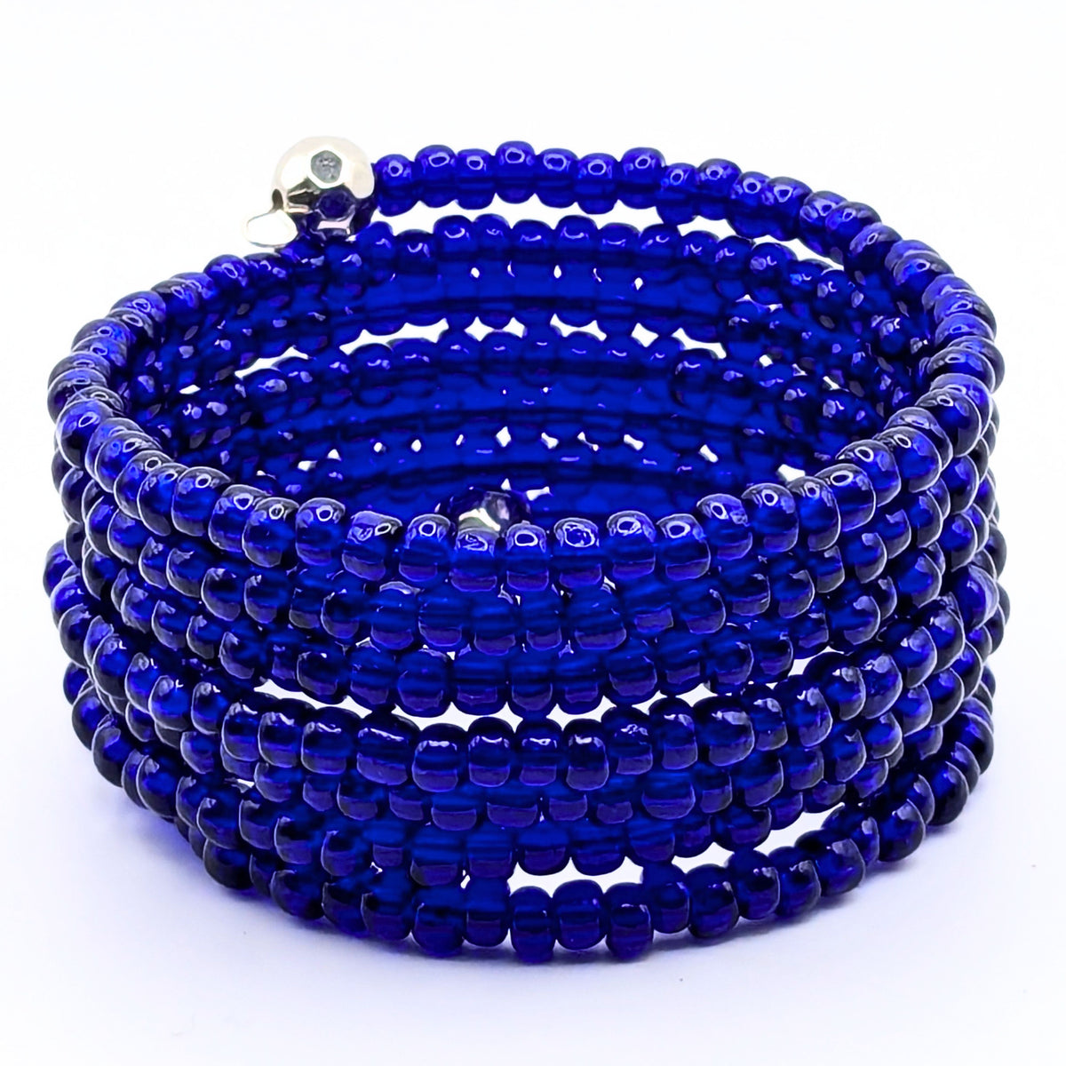 Cobalt Blue Seed Bead Bracelet, 7 Layer Memory Wire Wrap Cuff, Solid Blue Beaded Jewelry with Silver Accents, Bold Blue Statement Bracelet