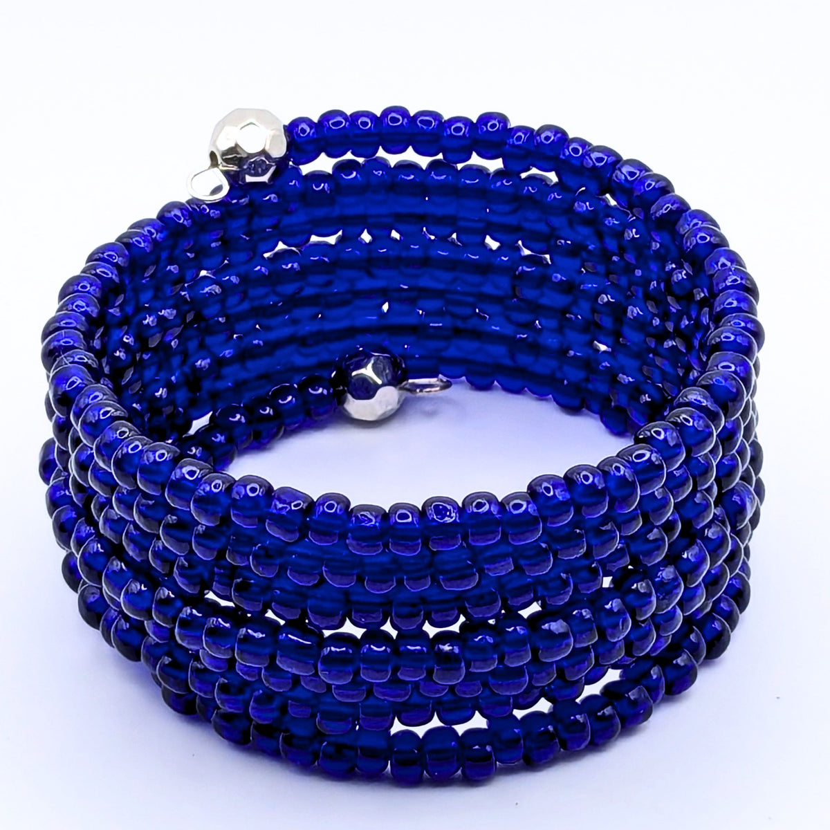 Cobalt Blue Seed Bead Bracelet, 7 Layer Memory Wire Wrap Cuff, Solid Blue Beaded Jewelry with Silver Accents, Bold Blue Statement Bracelet
