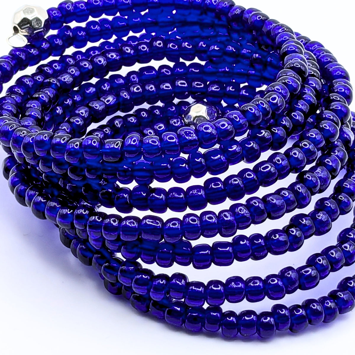 Cobalt Blue Seed Bead Bracelet, 7 Layer Memory Wire Wrap Cuff, Solid Blue Beaded Jewelry with Silver Accents, Bold Blue Statement Bracelet