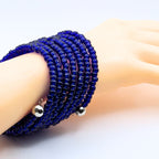 Cobalt Blue Seed Bead Bracelet, 7 Layer Memory Wire Wrap Cuff, Solid Blue Beaded Jewelry with Silver Accents, Bold Blue Statement Bracelet